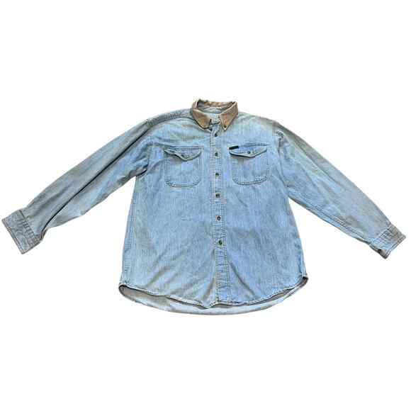 Vintage Woolrich Heavy Faded Denim Long Sleeve Shirt Elbow Patch Mens L - Picture 1 of 6
